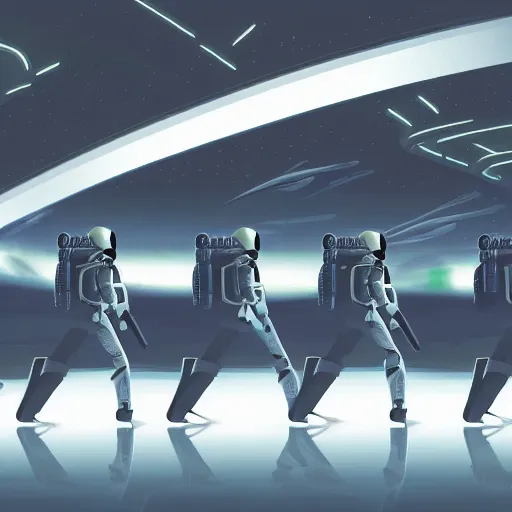 Prompt: a squad of futuristic security boarding a spaceship