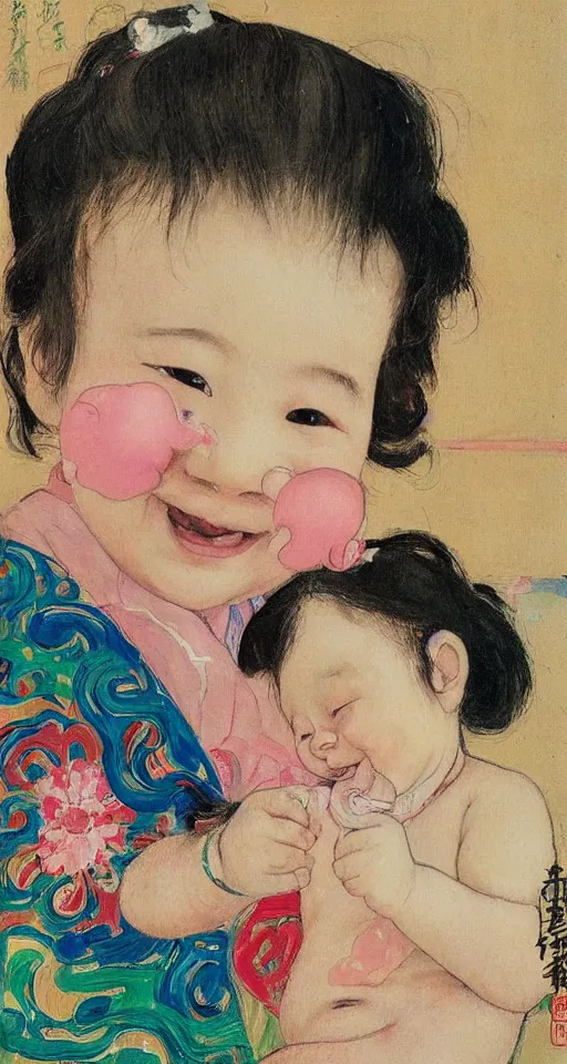 Image similar to A baby girl sitting, toy in hand, selfie, big smile, art by Qi Baishi and Klimt