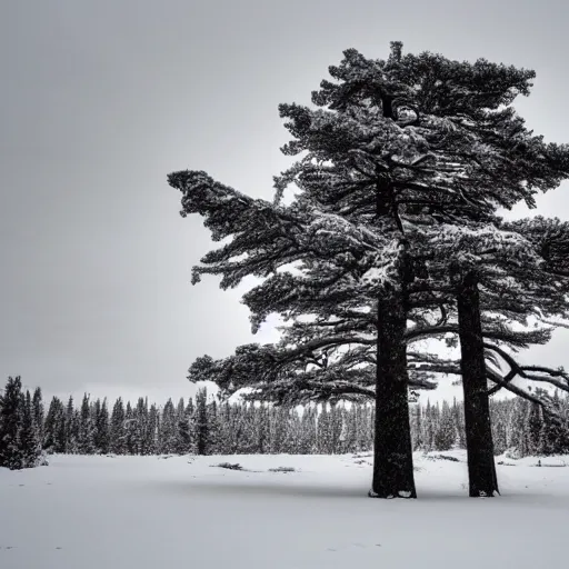 Image similar to a large, monolithic taiga tree in the artic. snowing, grainy, overcast sky.