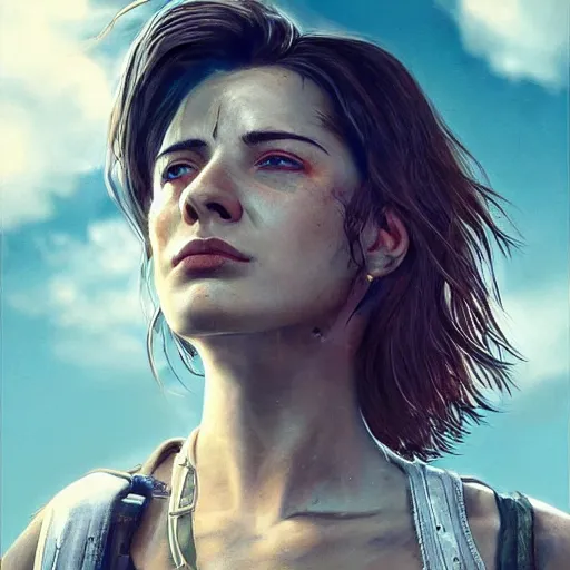 Prompt: fallout 5 : miami, charismatic beautiful rugged brunette female protagonist and companion, portrait, outdoors ruined airport, atmospheric lighting, painted, intricate, volumetric lighting, beautiful, summer, sunny weather, few clouds, sharp focus, deep colours, ultra detailed, by leesha hannigan, ross tran, thierry doizon, kai carpenter, ignacio fernandez rios