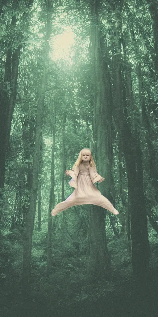 Image similar to old film photo of a young girl floating in the air in a forest, magical dark and spooky, flash photography, young face