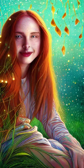 Image similar to infp young woman, smiling amazed, golden fireflies lights, sitting in the midst of nature fully covered, long loose red hair, intricate linework, green eyes, small nose with freckles, oval shape face, realistic, expressive emotions, dramatic lights spiritual scene, hyper realistic ultrafine art by michael cheval, jessica rossier, boris vallejo