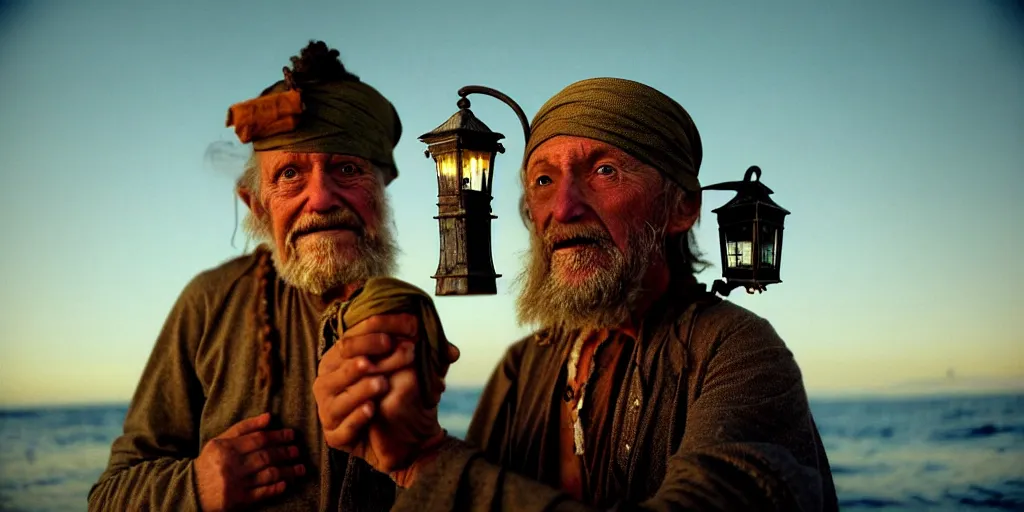 Image similar to film still of closeup old man holding up lantern by his beach hut at night. pirate ship in the ocean by emmanuel lubezki