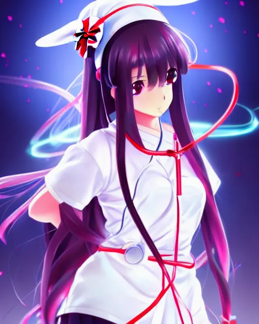 Image similar to anime style, vivid, expressive, full body, 4 k, painting, a cute magical girl with a long wavy black hair wearing a nurse outfit, stunning, realistic light and shadow effects, centered, simple background, studio ghibly makoto shinkai yuji yamaguchi