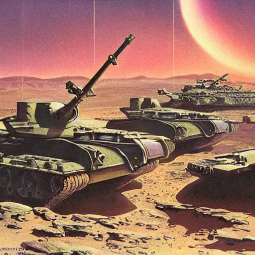 Image similar to tank battalion in the acid plains of mars, 1 9 5 0 s vintage sci - fi art, by bruce pennington