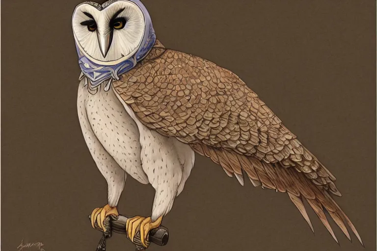 Prompt: a full body shot of anthropomorphic Barn owl samurai by Brahm Revel,colored by Ronda Pattison, detailed,artstation,pencil art on paper, highly detailed,symmetrical face,symmetrical eyes