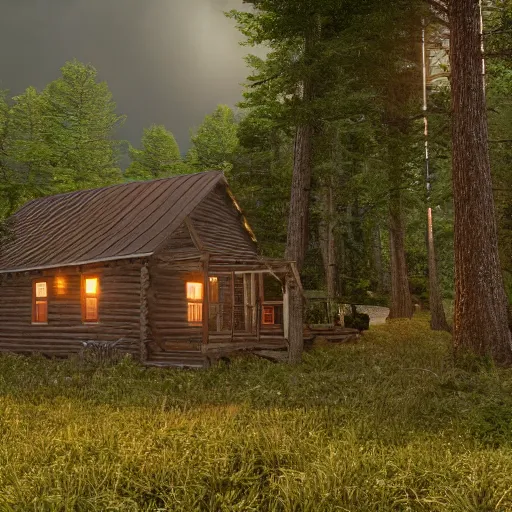 Image similar to a ultra realistic blue lightning arc over a cabin in the wood. complex, highly detailed, unreal engine 5, 8 k render