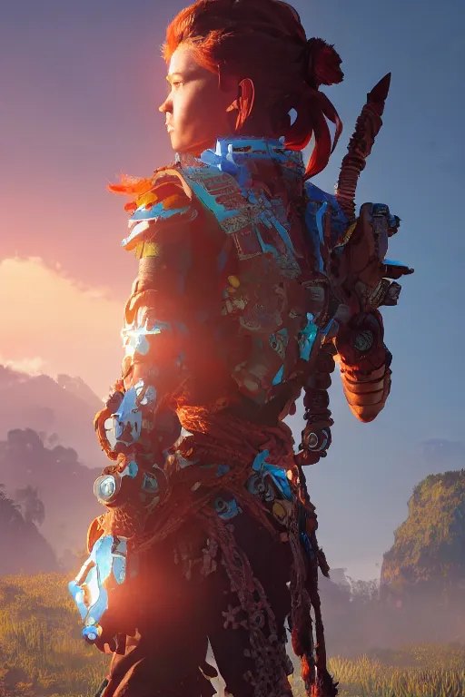 Image similar to combination suit armor aloy horizon forbidden west horizon zero dawn robot ninja mask helmet backpack tribal, aesthetic octane render, 8 k hd resolution, by ilya kuvshinov and cushart krentz and gilleard james radiating a glowing aura cgi rtx 2 0 2 2