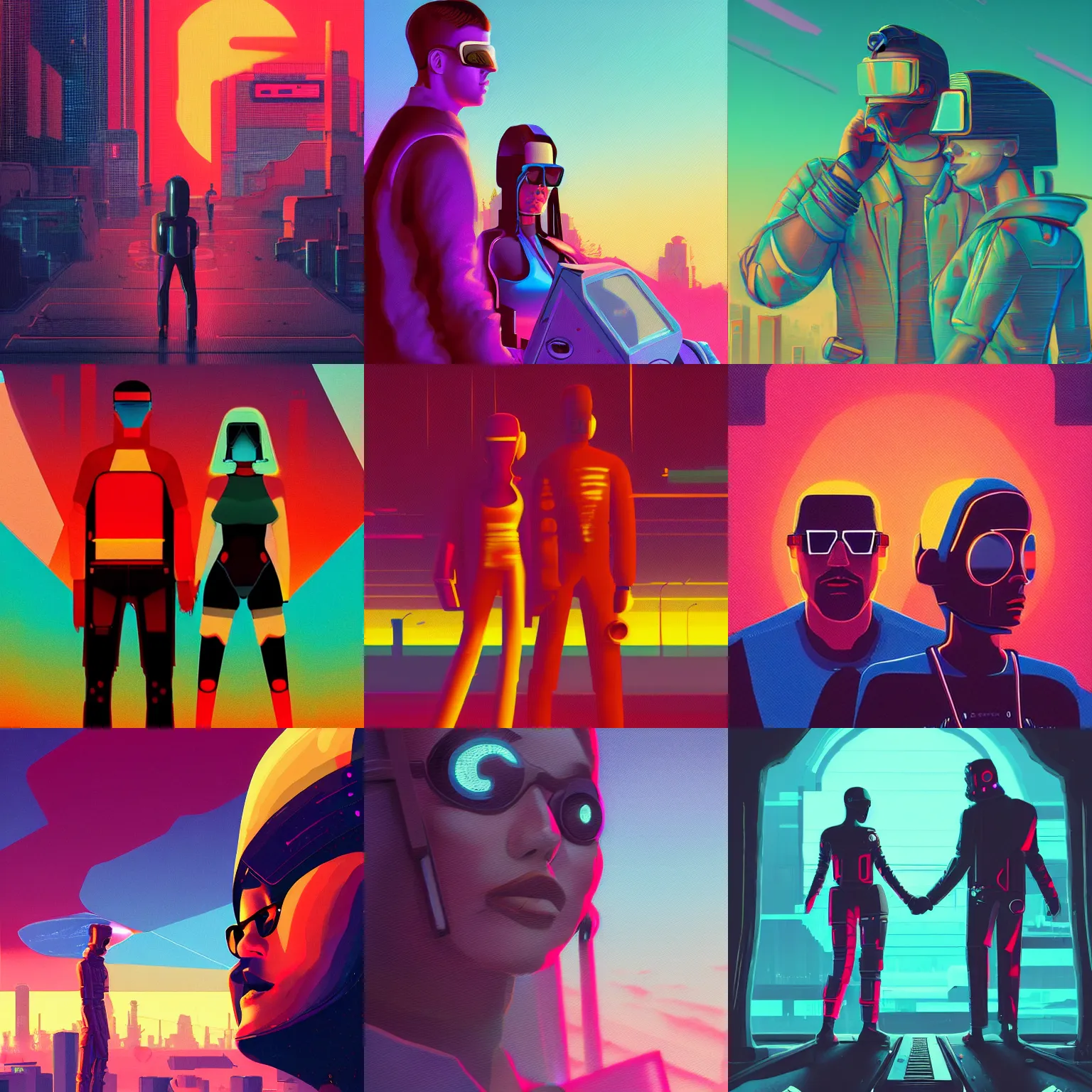 Prompt: a graph style guach impasto romace man and woman, cyberpunk art by james gilleard, cgsociety, retrofuturism, synthwave, retrowave, outrun, sunset.