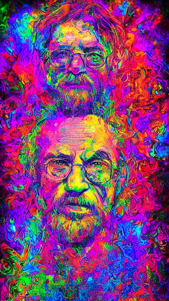 Image similar to terrance mckenna protrait with mushrooms fractals and fog, vivid psychadelic colorful