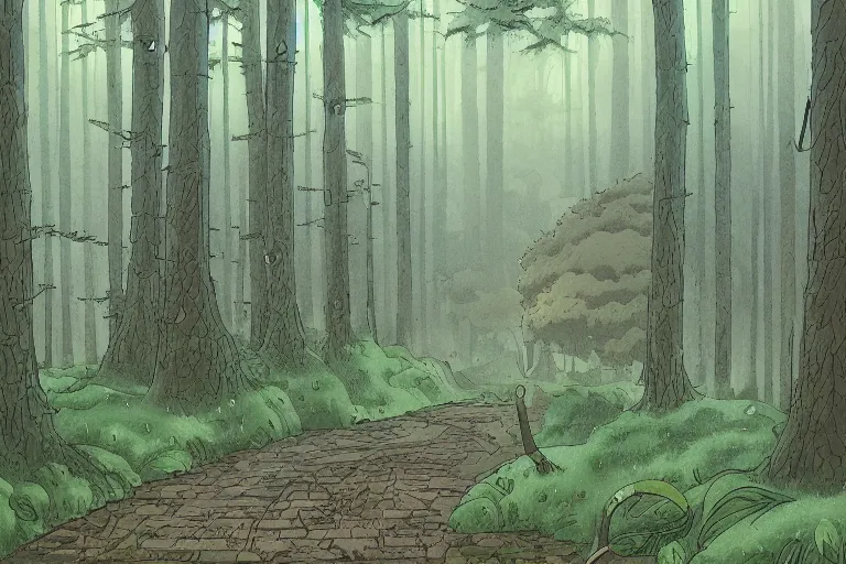 Prompt: A rainy forest in the style of Ghibli Studio and Dan Mumford, detailed