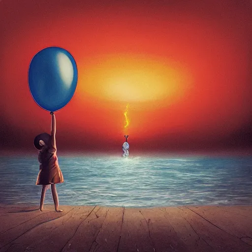 Image similar to album art of a hand holding a balloon coming out the water with a red sky by chris bilheimer, moody