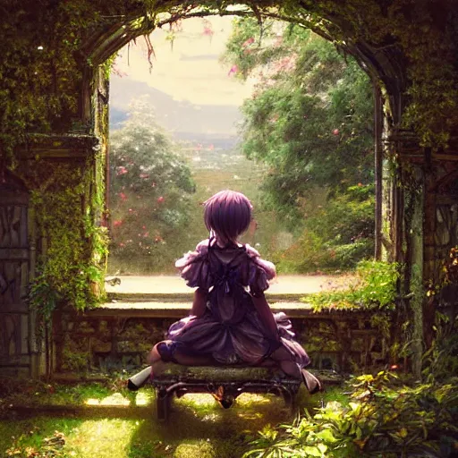 Image similar to beautiful young girl in intricate clothing, sitting on a bench of an overgrown abandoned castle, reflections, very high intricate details, painting, digital anime art, medium shot, mid - shot, wlop, ilya kuvshinov, artgerm, krenz cushart, greg rutkowski, sana takeda