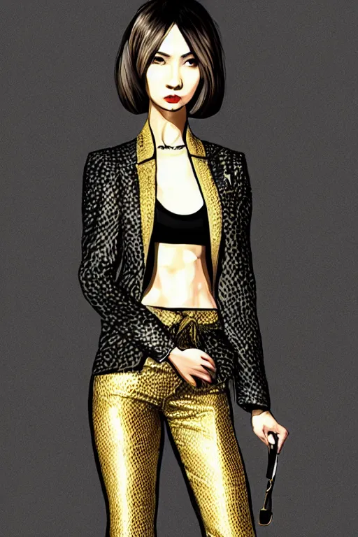 Image similar to yakuza slim girl, gold suit jacket in snake print, jacket over bare torso, yakuza tattoo on body, black short curtain haircut, black leather pants with black belt, elegant, 2d, ultra highly detailed, digital painting, smooth, sharp focus, artstation, art by Ilya Kuvshinov