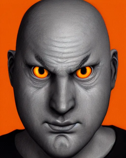 Image similar to portrait of a 4 0 - year - old bald character, male, with a white complexion, wide, cat - like scarlet eyes, a nose flat like a snake's nose, and a thin mouth, wearing in black clothes, hyper realistic face, beautiful eyes, character art, art by mark brooks, hyperdetailed, cryengine, trending on artstation, digital art