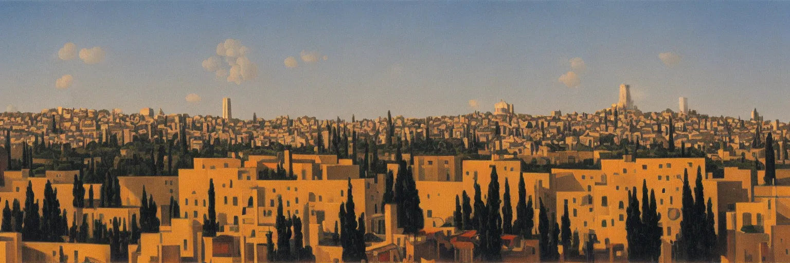 Prompt: jerusalem cityscape oil painting magritte