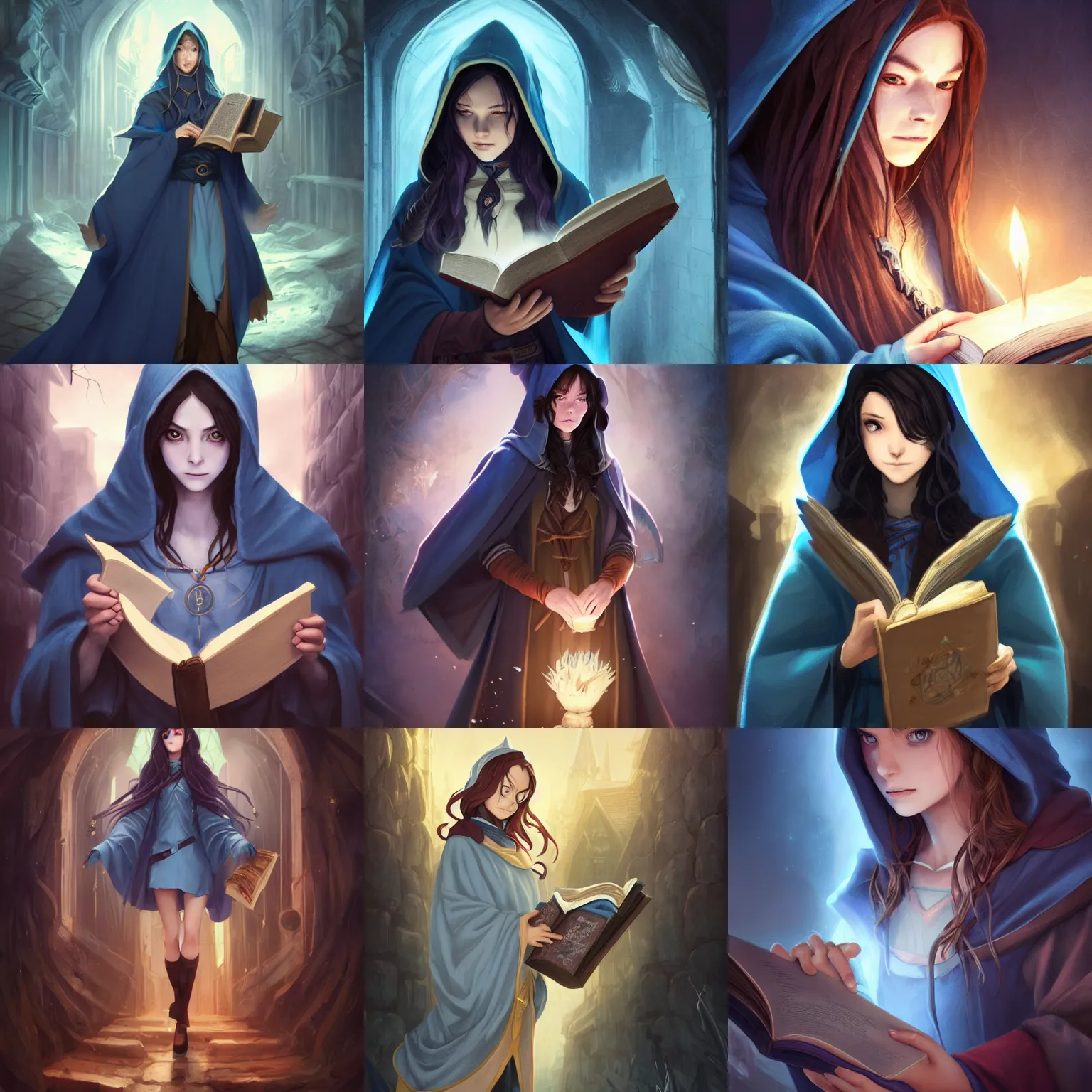 Prompt: a female wizard with long brown hair wearing a blue hood and blue robe holding a book while exploring a dark and sinister medieval village, fantasy, character design by charlie bowater, ross tran, artgerm, and makoto shinkai, detailed, soft lighting, rendered in octane