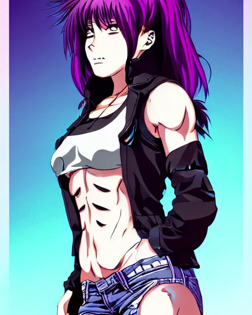 Image similar to style of madhouse studio anime, black lagoon manga, loish, artgerm, comic art, portrait of revy from black lagoon, symmetrical eyes and symmetrical face, jean shorts, white tank top, purple hair, sarcastic evil smirk on face, sky and ocean background