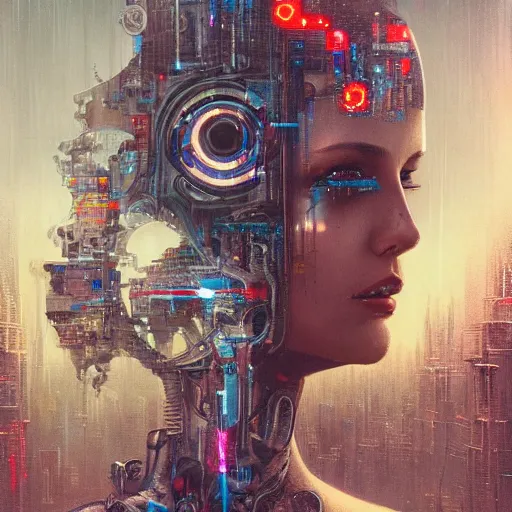 Prompt: Artificial intelligence, recognizing itself,8k,by tristan eaton,Stanley Artgermm,Tom Bagshaw,Greg Rutkowski,Carne Griffiths, Ayami Kojima, Beksinski, Giger,trending on DeviantArt,face enhance,hyper detailed,cityscape background,cybernetic, android, blade runner,full of colour,