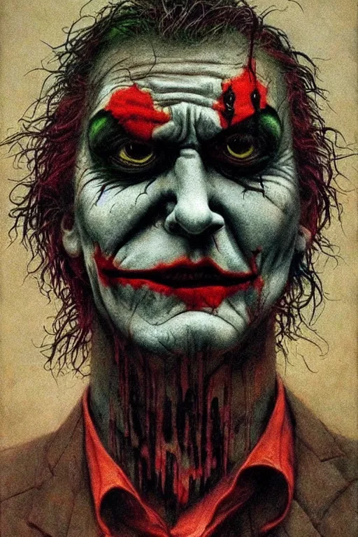 Prompt: Joker, dc comics, dark, painted by Zdislav Beksinski