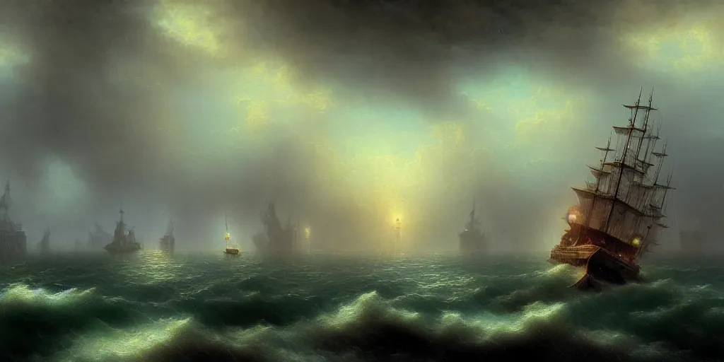 Prompt: A floating steampunk city above an ocean, rainy, turmoil, storm, extremely detailed digital matte painting inspired by Ivan Aivazovsky