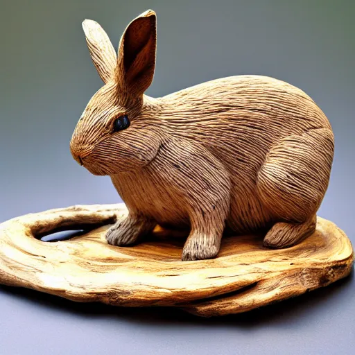 Image similar to a rabbit wood sculpture, photo, hyper realistic, 8k, flickr