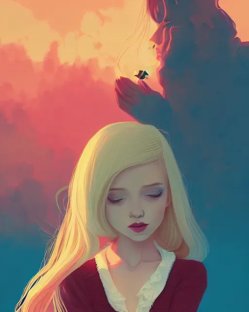 Image similar to digital illustration of pretty girl sa rina with shoulder length blonde hair wearing a sweater, from alice in wonderland, smoking, at night, by ilya kuvshinov, lois van baarle, rossdraws, basquiat