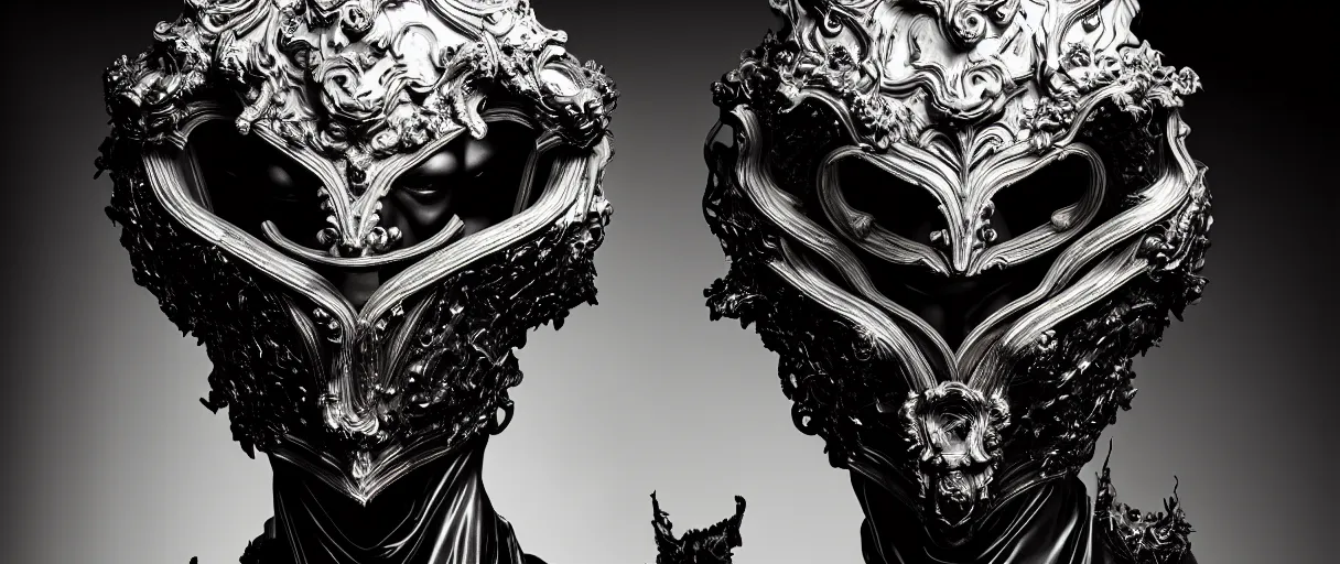 Image similar to hyperrealist highly detailed neo-baroque portrait of high fashion monster demon wearing reflective mirror mirrored reflection armor, concept art pascal blanche dramatic studio lighting 8k wide angle shallow depth of field