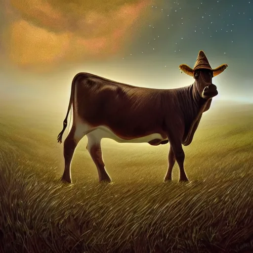 Prompt: a detailed picture of a cow made of stars wearing a witch hat standing in a grassy field, cow wearing hat!!! viewed in profile and far away, fog in the background, ultrawide lens, aerial photography, black and blue color scheme with gold highlights, art by kirby and greg rutkowski, artstation, 8 k