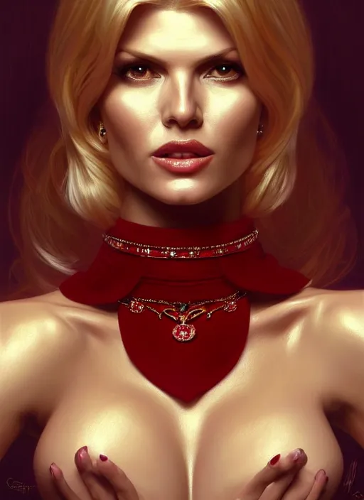 Prompt: portrait of victoria silvstedt as a sultry lady, collar, jewelry, greek, ruby, intricate, headshot, highly detailed, digital painting, artstation, concept art, sharp focus, cinematic lighting, illustration, art by artgerm and greg rutkowski, alphonse mucha, cgsociety