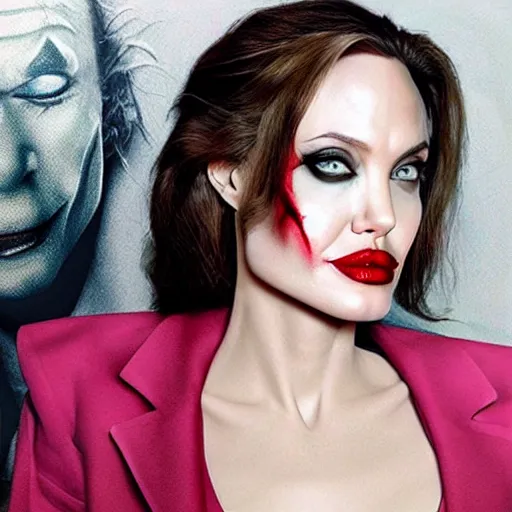 Prompt: angelina jolie in joker makeup film studio portrait warner bros