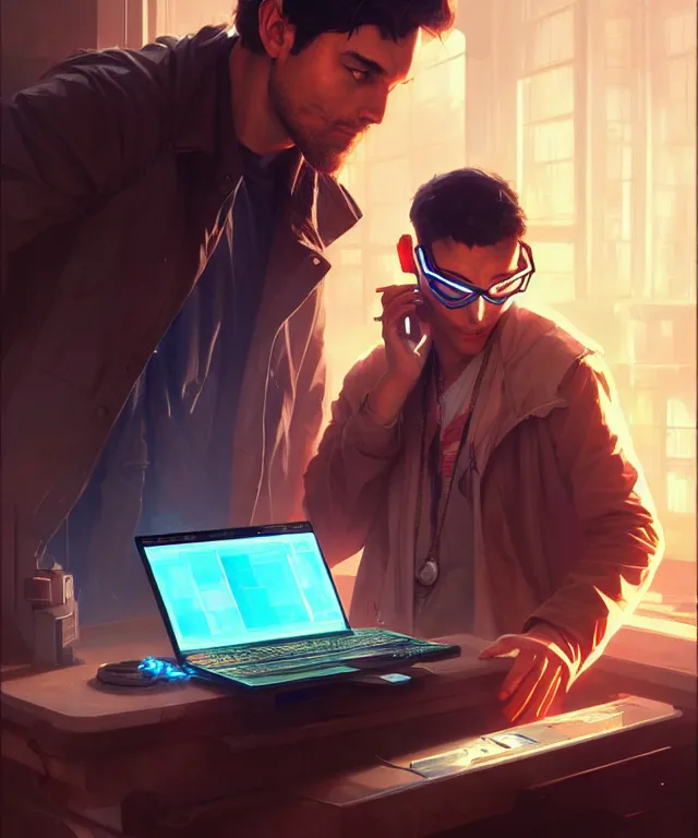 Image similar to Hacker man hacks computer, highly detailed, digital painting, artstation, concept art, smooth, sharp focus, illustration, art by artgerm and greg rutkowski and alphonse mucha