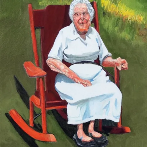 Image similar to painting of an elderly woman sitting in a rocking chair on a porch, appalachian folk art