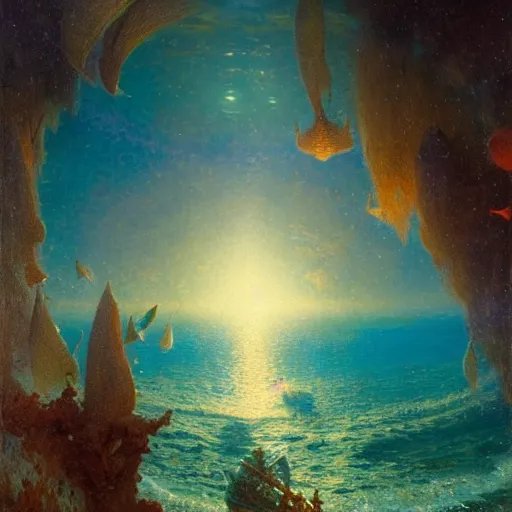 Image similar to point of view of deep in the ocean looking up, you see fishes, higher the milk way, night time, midnight. highly detailed painting by gaston bussiere, greg rutkowski 8 k