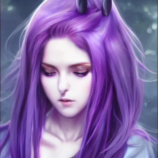 Image similar to beautiful anime women with purple hair, a straight horn on her forehead, purple eyes, a purple tuxedo, sharp focus, intricate, cell shaded, award winning photography, cinematic, digital painting, cinematic, wlop, 8 k, by ross tran, tom bagshaw