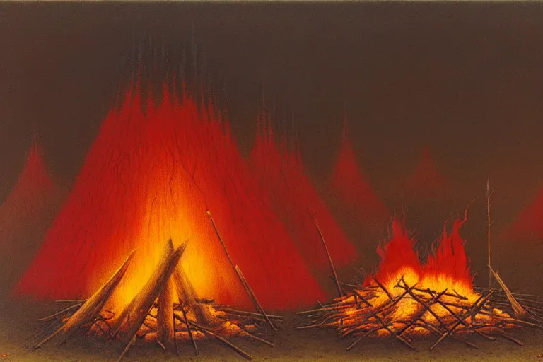 Image similar to zdzisław beksinski painting of a campsite with bonfire