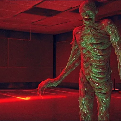 Image similar to scene from existenz, cinematic, a large box made out of human flesh, doom monster, electronic circuitry, skin, flesh!, blood, clumps of hair, lights, led, computer