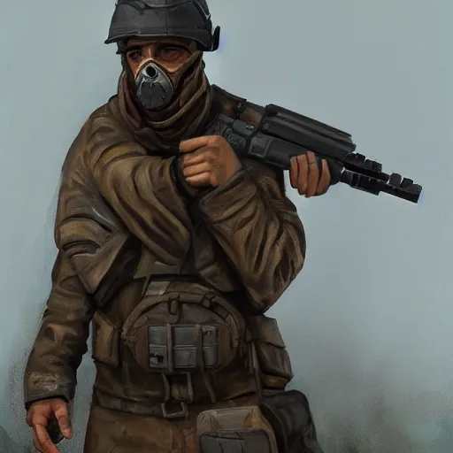 Prompt: portrait painting of a post apocalyptic soldier, dynamic lighting