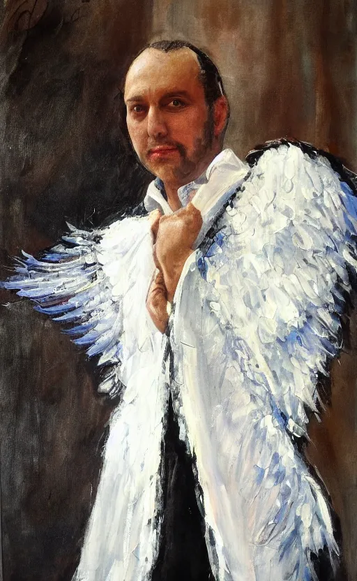 Prompt: painting artemov leonid, an opera singer in a white dress with wings on stage