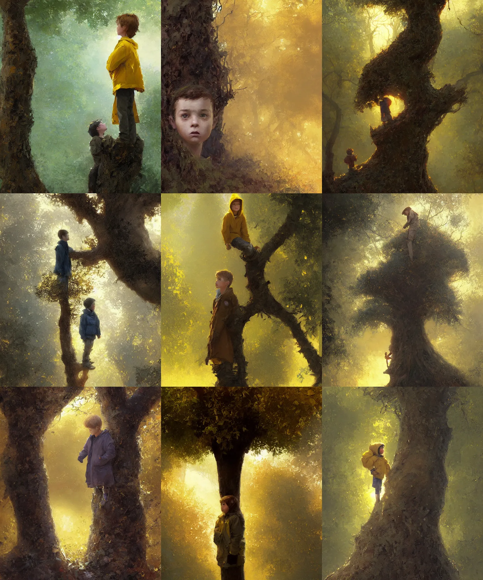 Prompt: digital art painting of a sad kid looking at the top of a tree, wearing a yellow jacket, standing in front of the tree, painted by craig mullins and gaston bussiere and greg rutkowski, symmetrical face, defined facial features, symmetrical facial features, dramatic lighting, close up