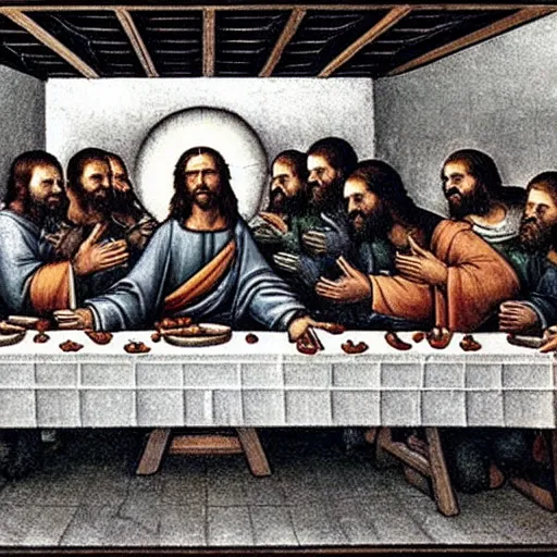 Prompt: jesus and the 1 2 disciples eating the last supper at applebees, in the style of leonardo da vinci