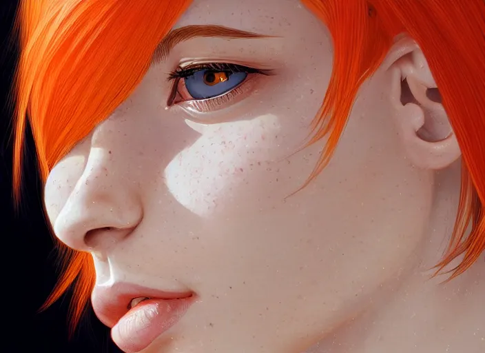 Prompt: portrait Girl with orange hair and freckles, cute-fine-face, white-hair pretty face, realistic shaded Perfect face, fine details. realistic shaded lighting by (((Ilya Kuvshinov)))