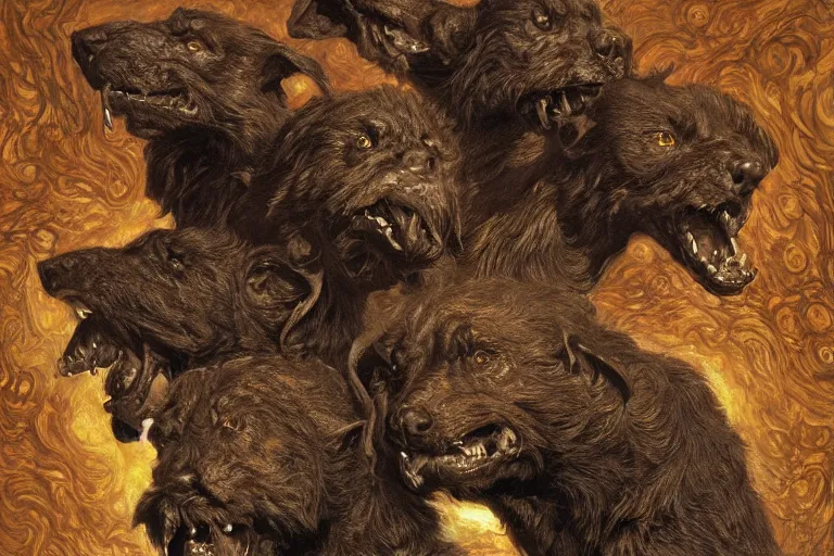 Image similar to cerberus hyperdetailed photo of a cerberus by ed binkley, ilya repin, alex horley, johfra bosschart, craig mullins, three head one body, cerberus, details