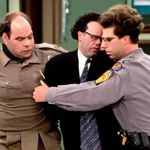 Image similar to George Costanza being arrested by Kramer on an episode of Seinfeld