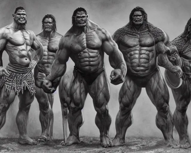 Prompt: hyper realistic group vintage photograph of a warrior orc tribe, tall, muscular, hulk like physique, tribal paint, tribal armor, grain, old