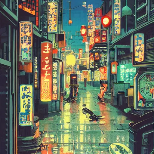 Prompt: fantasycore street view of 1950s tokyo at night by michael whelan and naomi okubo and dan mumford. cute 1950s robots. cel-shaded. glossy painting.