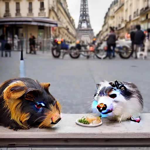 Image similar to two guinea pigs having dinner outside a cafe in Paris in the evening, the eiffel tower is visible in the background