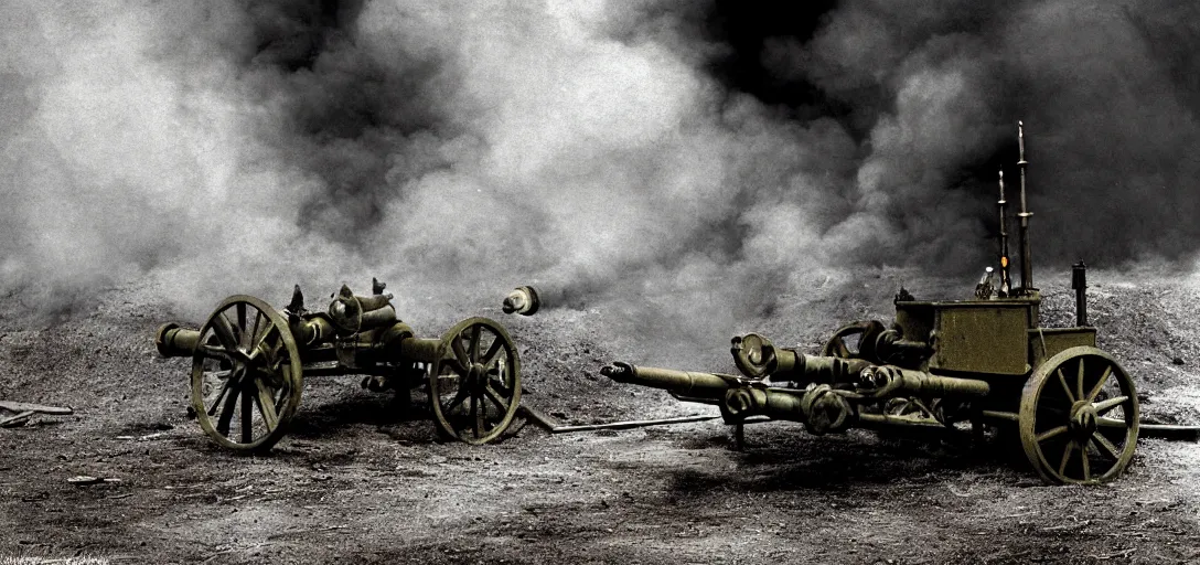 Prompt: smoke,!!! neon colored, tilt shift wwi a cannon over a dug out trench, dramatic light, zdzidaw, ultrafine, hyperrealistic, 3 2 k, 3 5 mm film still, movie