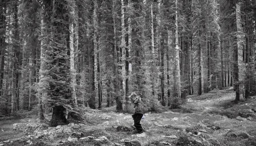 Image similar to tyrolean farmer transforming into a tree, alpine forest, dolomites, muted, bleak, funereal, somber, melancholic, mournful, gloomy, dismal, sad, pale, washed-out, desaturated, grey, subdued, dull, dreary, depressing, weary, tired