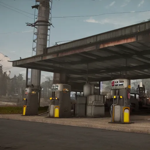 Image similar to dieselpunk fuel station, dirty cinematic scene, ultra realistic details, 8 k